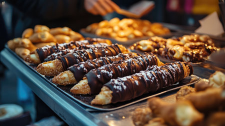 A street food stall in Sicily offering fresh cannoli with chocolate-covered ends, ready to be enjoyed by passersby.の素材