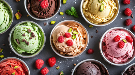 A top-down view of freshly made Italian gelato in vibrant flavors like pistachio, strawberry, and chocolate, served in a cone.の素材