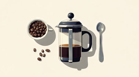A top-down view of a French press brewing coffee, with coffee beans, a cup of coffee, and a spoon nearby.の素材