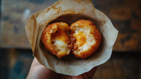 A top-down view of a classic Italian street food a crispy, golden arancino filled with rag and cheese, ready to eat.の素材