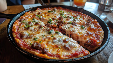 A thick, deep-dish pizza with layers of cheese, tomato sauce, and sausage, served in a cast iron pan.の素材