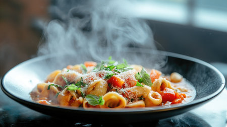 A steaming plate of fresh tortellini pasta with a rich broth, garnished with fresh herbs and parmesan cheese.の素材