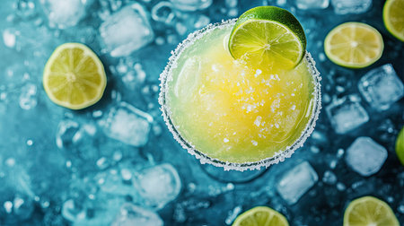 A top-down view of a cocktail glass filled with a frozen margarita, with salt on the rim and a lime slice, surrounded by ice cubes.の素材