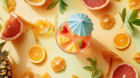 A top-down view of a colorful cocktail with tropical fruits like pineapple, orange, and a paper umbrella, perfect for summer.の素材