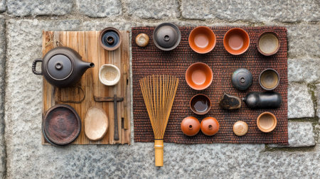 A top-down view of a traditional Japanese tea ceremony setup with a teapot, cups, and a bamboo whisk.の素材
