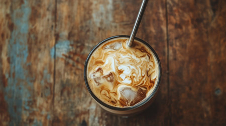 A top-down view of a glass of iced coffee with cream swirling, served with a metal straw on a vintage wooden table.の素材