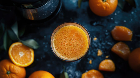 A top-down view of a glass of freshly squeezed orange juice, with whole oranges and a juicer in the background.の素材