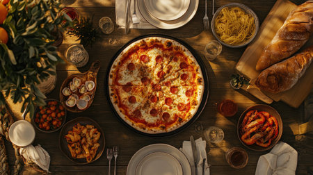 A top-down view of a table set for an Italian feast, featuring pizza, pasta, seafood, and fresh bread.の素材