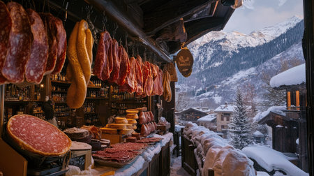 A traditional Italian deli displaying hanging prosciutto, salami, and wheels of parmesan cheese.の素材