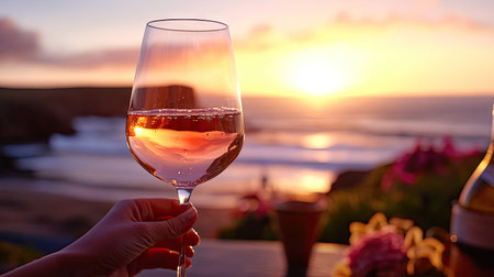 A wine lover enjoying a glass of ros wine at sunset, with a view of the ocean and a relaxing atmosphere.の素材