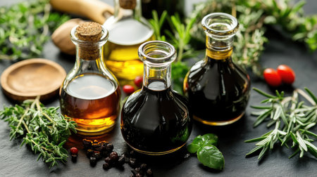 A variety of Italian vinegar bottles including balsamic and red wine vinegar, surrounded by fresh herbs and olive oil.の素材