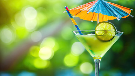 A vibrant daiquiri cocktail with fresh lime and rum, served in a martini glass with a colorful umbrella and straw.の素材