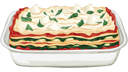 A vegetarian lasagna with layers of spinach, ricotta, zucchini, and marinara sauce in a white baking dish.の素材
