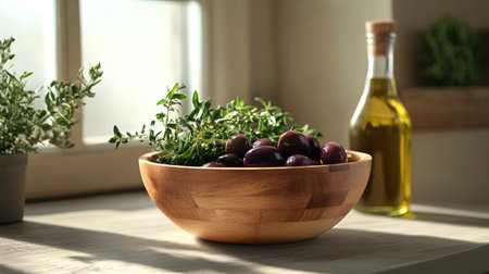 A wooden bowl of Kalamata olives, fresh herbs, and a bottle of high-quality olive oil, essential for Mediterranean dishes.の素材