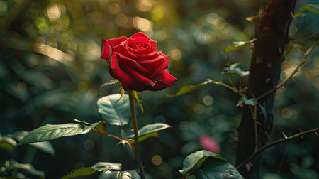 Close-up of a single red rose in a lush garden settingの素材