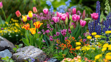 Close-up of a vibrant flower garden in spring with a mix of blooming flowersの素材