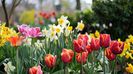 Colorful tulips and daffodils blooming in a well-maintained spring gardenの素材