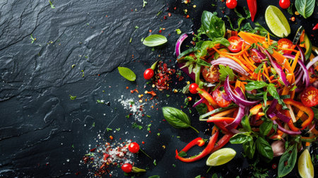 Colorful spicy salad from Phuket, featuring fresh herbs and spices, on a black backgroundの素材