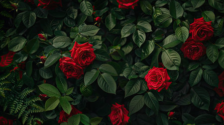 Cluster of red roses with lush green leaves in the backgroundの素材