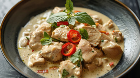 Traditional Phuket stew chicken in creamy white sauce, served on a black plateの素材