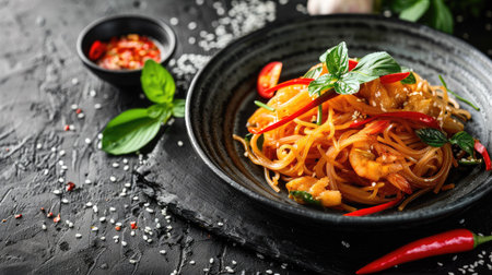 Tube noodles with rich sauce, a traditional Phuket dish, arranged on a black plateの素材