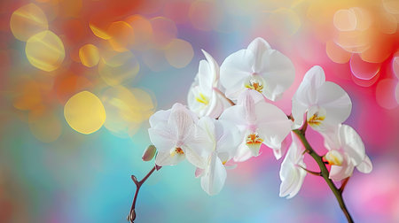 White orchid blooms on a slender stem with a vibrant backgroundの素材