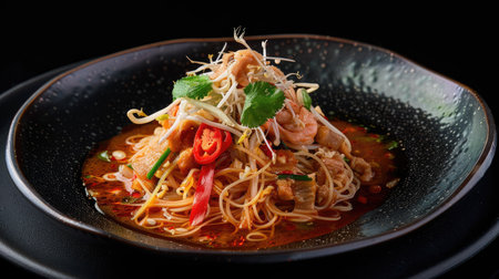Tube noodles with a rich sauce, a classic Phuket dish, plated on a black backgroundの素材