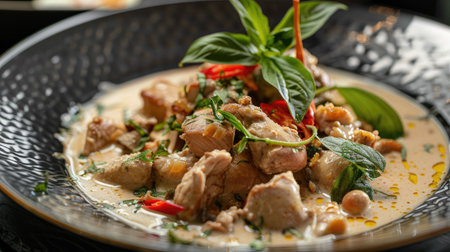 Traditional Phuket stew chicken in white sauce, presented elegantly on a black plate0の素材