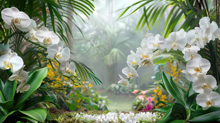 White orchid blossoms in a garden setting with a beautiful floral backdropの素材