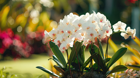White orchids in a pot with a natural garden setting in the backgroundの素材