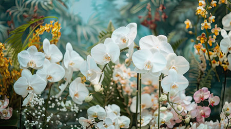 White orchids arranged elegantly in a garden with a floral backdropの素材