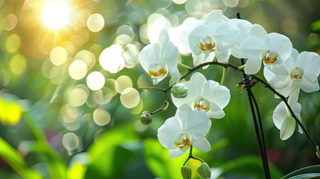 White orchids in full bloom against a serene garden backgroundの素材