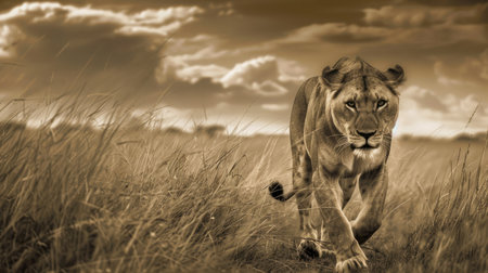 A lion prowling through the savanna, exuding both grace and danger in its natural habitat with this inviting photo.の素材