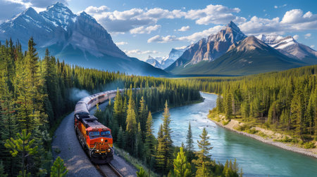A train journeying through the iconic Morant's Curve, with the stunning Rocky Mountains as a backdrop in Banff National Park with this inviting photo.の素材