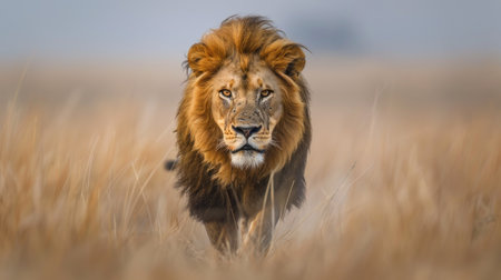 A lion stalking its prey in the wild, illustrating its predatory skills and the inherent danger it represents with this inviting photo.の素材