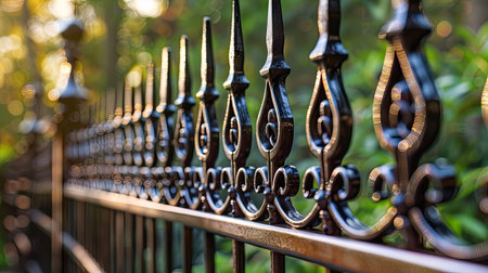 Artistic metal fence with unique ornamental features, creating a striking visual impact and enhancing the property's aesthetics with this inviting photo.の素材