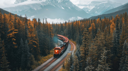 Beautiful view of a train on Morant's Curve, surrounded by the majestic Rocky Mountains and lush forests in Banff National Park with this inviting photo.の素材