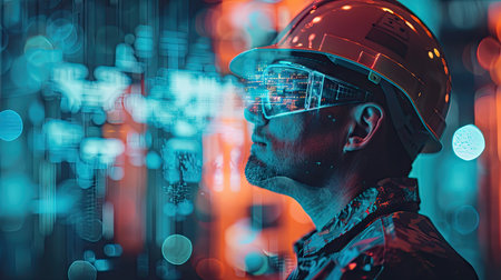 Double exposure image of an engineer and a digital hologram, illustrating the connection between industrial expertise and cutting-edge technology with this inviting photo.の素材