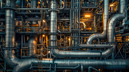 Close-up of complex pipelines and machinery in oil refineries and chemical plants, set in an industrial area with this inviting photo.の素材