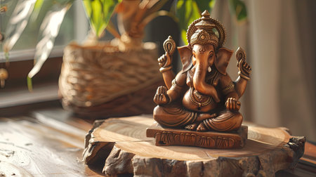 Empty wooden table featuring a Ganesha idol, perfect for religious and cultural contentの素材