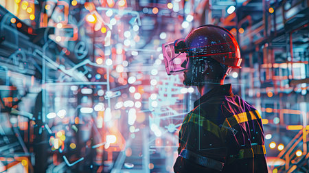 Double exposure of an engineer worker and a digital hologram, capturing the blend of traditional industry and futuristic technology with this inviting photo.の素材