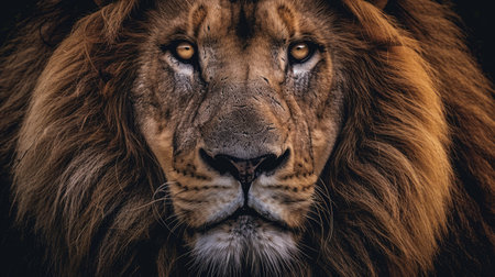 Close-up of a lion's face, with a piercing gaze and a hint of a snarl, capturing its majestic yet perilous nature with this inviting photo.の素材