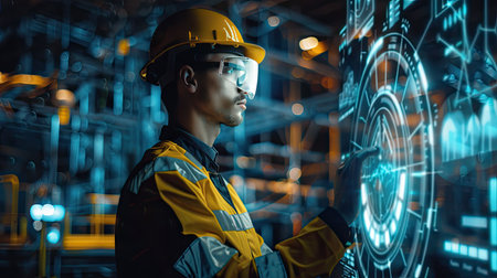 Double exposure of an engineer worker with a holographic interface, illustrating the merging of traditional industry and modern technology with this inviting photo.の素材
