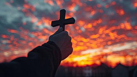 Hand holding a cross in silhouette against a colorful sunrise, emphasizing themes of faith, hope, and renewal with this inviting photo.の素材
