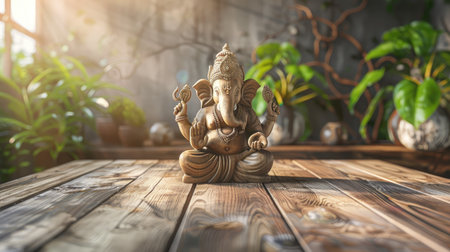 Empty wooden table with a statue of Ganesha in the background, perfect for spiritual and festive themesの素材