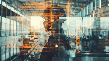 Double exposure of an engineer worker with holographic technology, showcasing the intersection of industry and innovation with this inviting photo.の素材