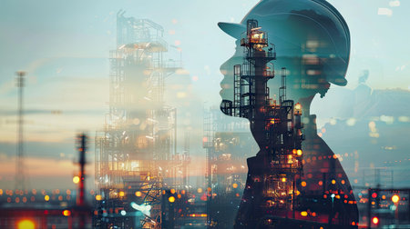 Double exposure of an engineer worker and a digital hologram, capturing the blend of traditional industry and futuristic technology with this inviting photo.の素材