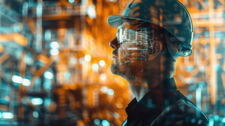 Double exposure image of an engineer and a digital hologram, illustrating the connection between industrial expertise and cutting-edge technology with this inviting photo.の素材