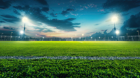 Football field bathed in bright stadium lights, showcasing the energy of an evening match with this inviting photo.の素材