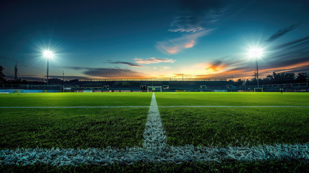 Football field under bright stadium lights, capturing the excitement of an evening match with this inviting photo.の素材